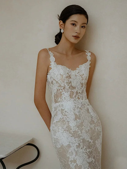 Stylish Appliques Wedding Dress Mermaid Wedding Reception Dress Spaghetti Strap Bridal Gown AP6941