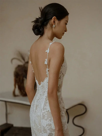 Stylish Appliques Wedding Dress Mermaid Wedding Reception Dress Spaghetti Strap Bridal Gown AP6941