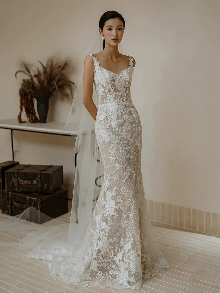 Stylish Appliques Wedding Dress Mermaid Wedding Reception Dress Spaghetti Strap Bridal Gown AP6941