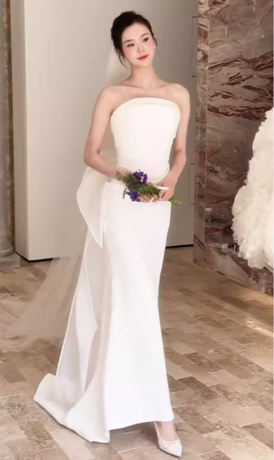 Adorable Strapless Textured Wedding Dress With Bow Train Mermaid Bridal Dress AP6942
