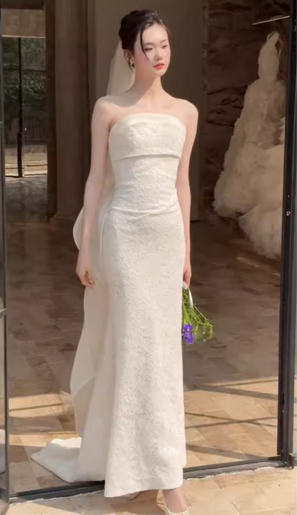 Adorable Strapless Textured Wedding Dress With Bow Train Mermaid Bridal Dress AP6942
