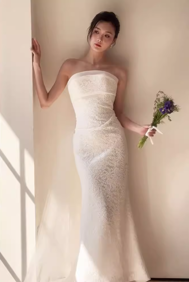 Adorable Strapless Textured Wedding Dress With Bow Train Mermaid Bridal Dress AP6942