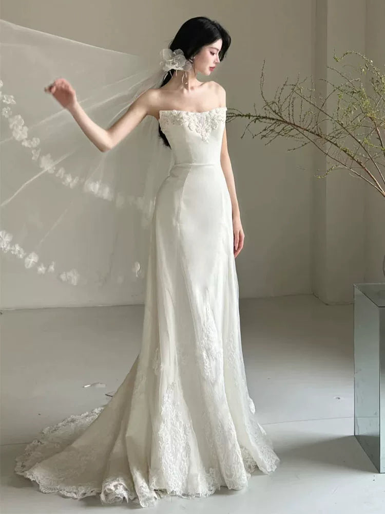 Fitted Strapless Wedding Dress With Veil Ideas Lace Appliques Mermaid Bridal Dress AP6943