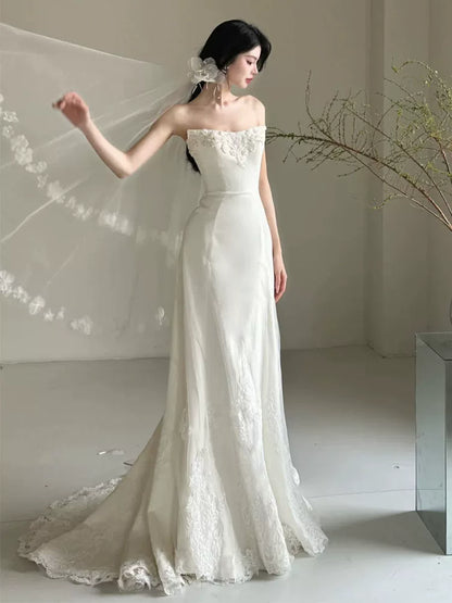 Fitted Strapless Wedding Dress With Veil Ideas Lace Appliques Mermaid Bridal Dress AP6943