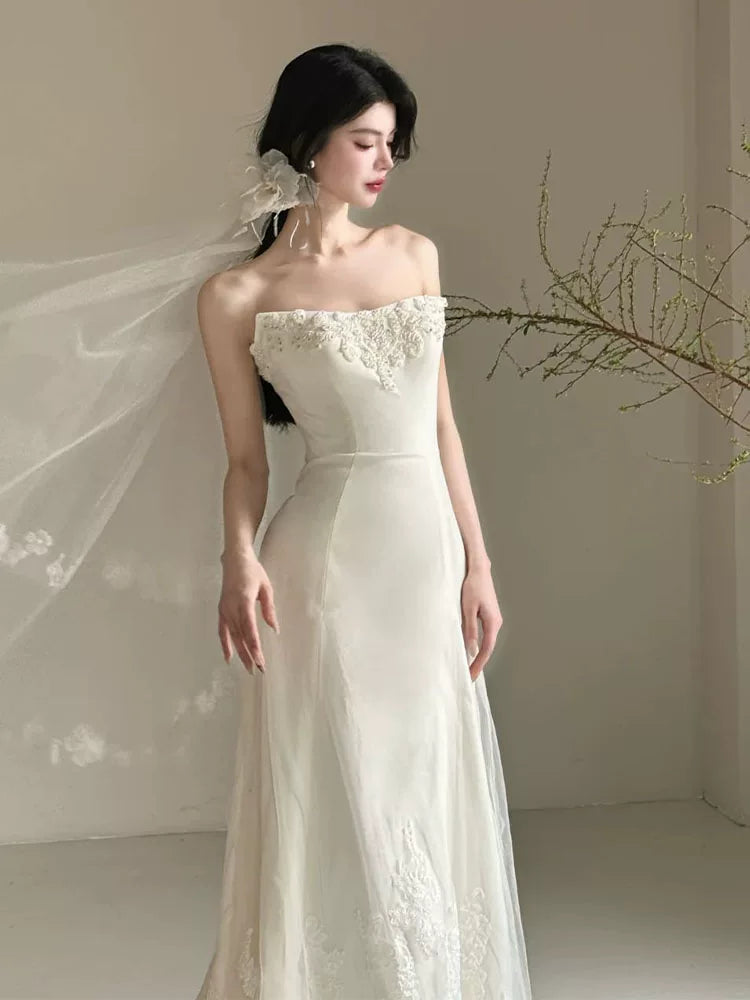 Fitted Strapless Wedding Dress With Veil Ideas Lace Appliques Mermaid Bridal Dress AP6943