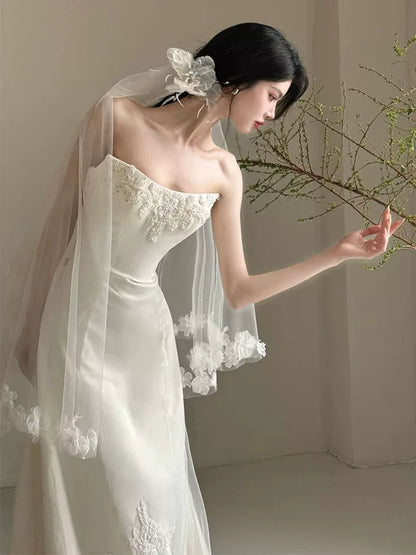 Fitted Strapless Wedding Dress With Veil Ideas Lace Appliques Mermaid Bridal Dress AP6943