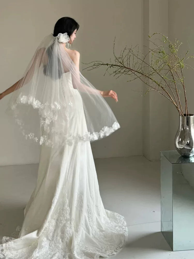 Fitted Strapless Wedding Dress With Veil Ideas Lace Appliques Mermaid Bridal Dress AP6943