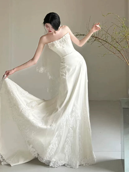 Fitted Strapless Wedding Dress With Veil Ideas Lace Appliques Mermaid Bridal Dress AP6943
