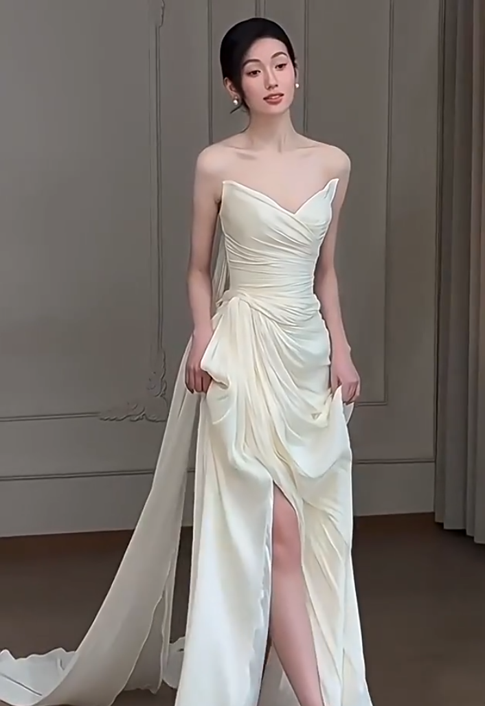 Flattering Strapless Wedding Dress Ruched Sheath Slit Bridal Dress AP6944