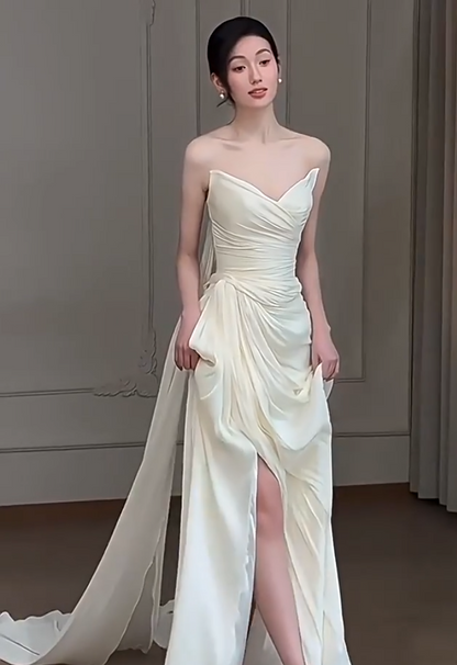 Flattering Strapless Wedding Dress Ruched Sheath Slit Bridal Dress AP6944