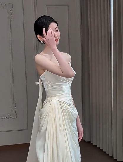Flattering Strapless Wedding Dress Ruched Sheath Slit Bridal Dress AP6944