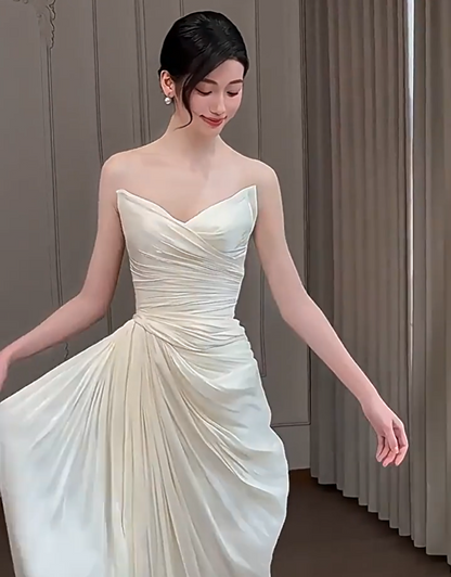 Flattering Strapless Wedding Dress Ruched Sheath Slit Bridal Dress AP6944