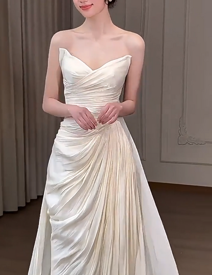 Flattering Strapless Wedding Dress Ruched Sheath Slit Bridal Dress AP6944