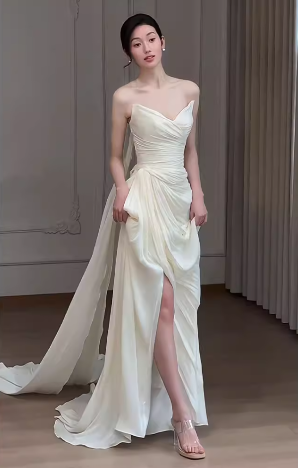 Flattering Strapless Wedding Dress Ruched Sheath Slit Bridal Dress AP6944