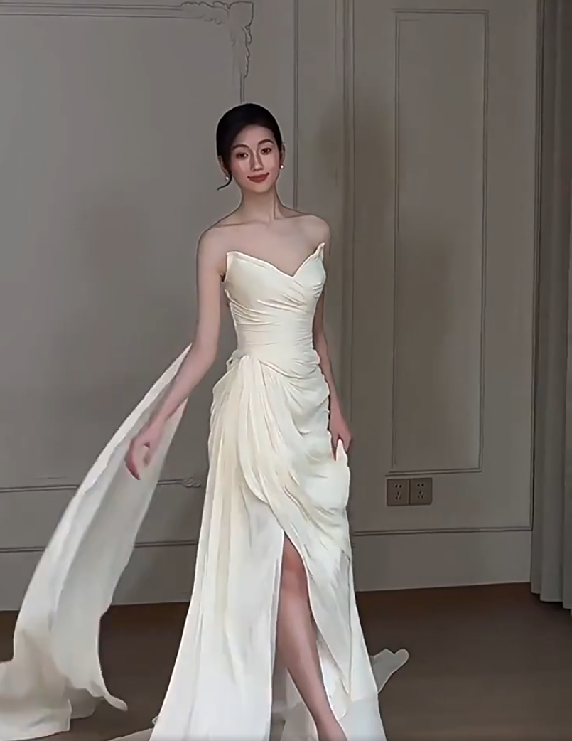 Flattering Strapless Wedding Dress Ruched Sheath Slit Bridal Dress AP6944