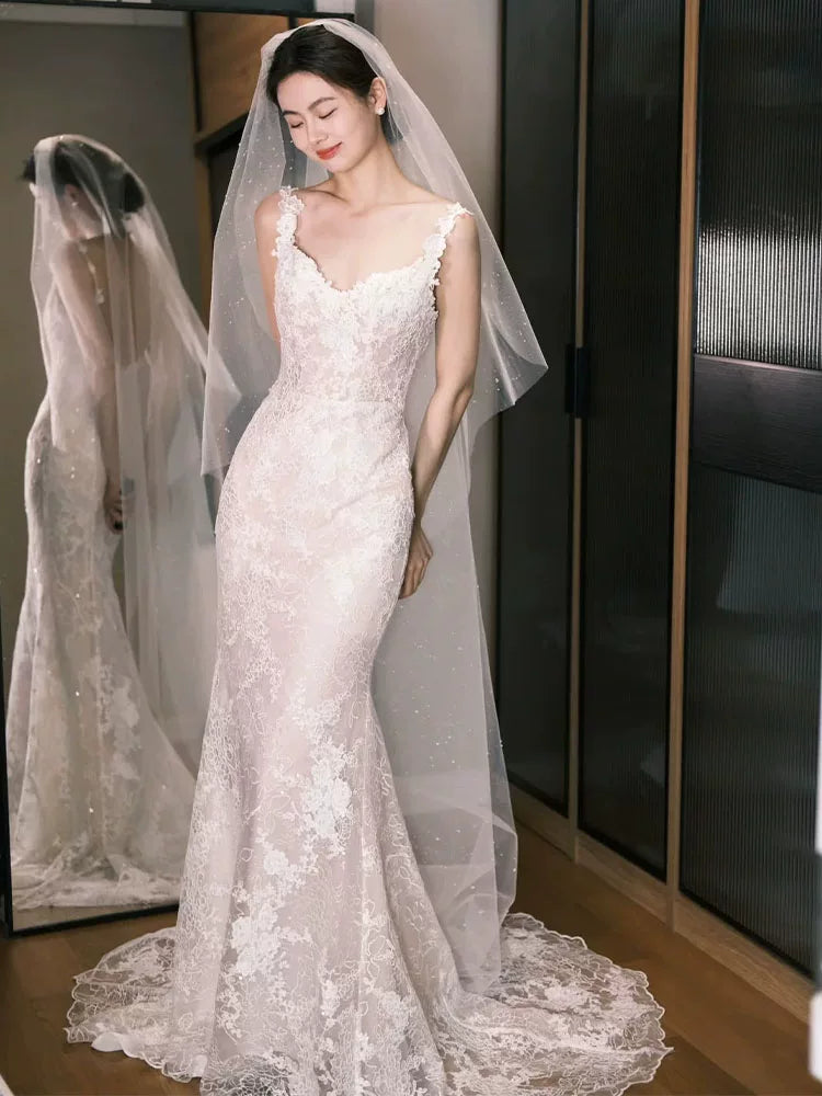 Trendy Spaghetti Straps Mermaid Wedding Dress Lace Sequins Bridal Dress AP6945