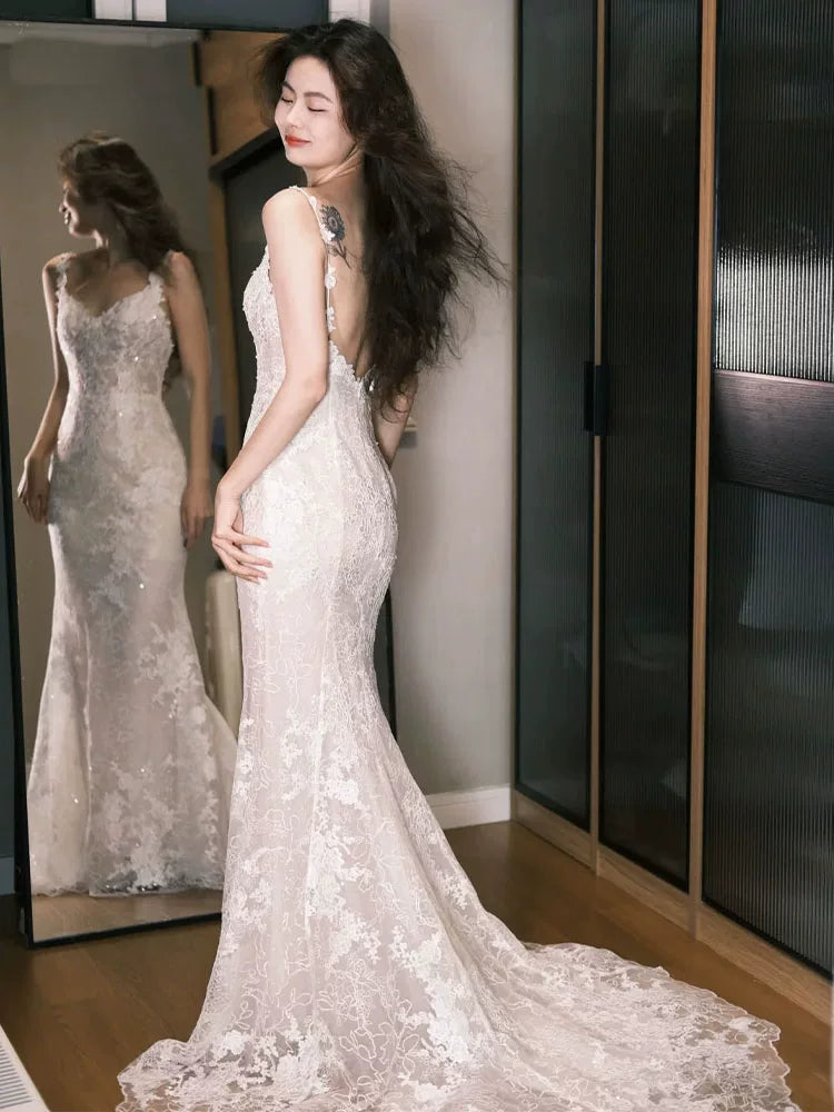 Trendy Spaghetti Straps Mermaid Wedding Dress Lace Sequins Bridal Dress AP6945