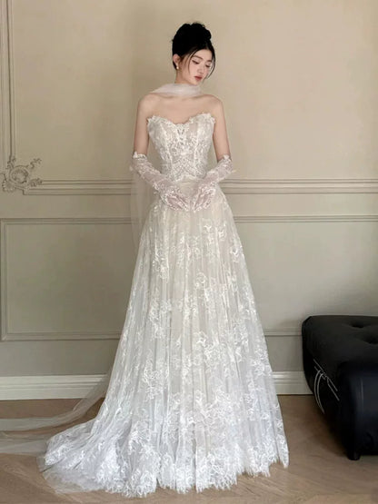 Attractive Strapless Lace Wedding Dress With Scarf And Sleeves A-Line Bridal Gowns AP6946