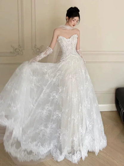 Attractive Strapless Lace Wedding Dress With Scarf And Sleeves A-Line Bridal Gowns AP6946