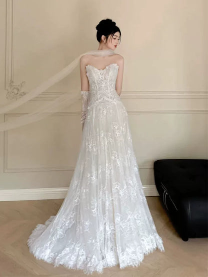 Attractive Strapless Lace Wedding Dress With Scarf And Sleeves A-Line Bridal Gowns AP6946