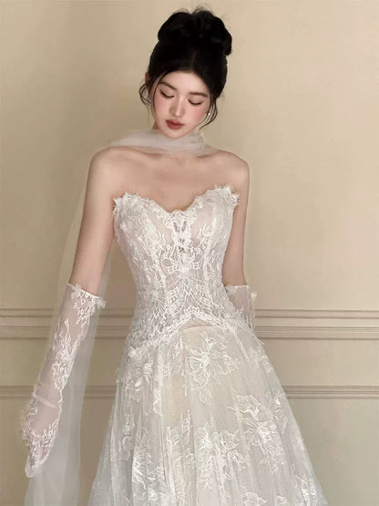 Attractive Strapless Lace Wedding Dress With Scarf And Sleeves A-Line Bridal Gowns AP6946