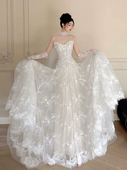 Attractive Strapless Lace Wedding Dress With Scarf And Sleeves A-Line Bridal Gowns AP6946