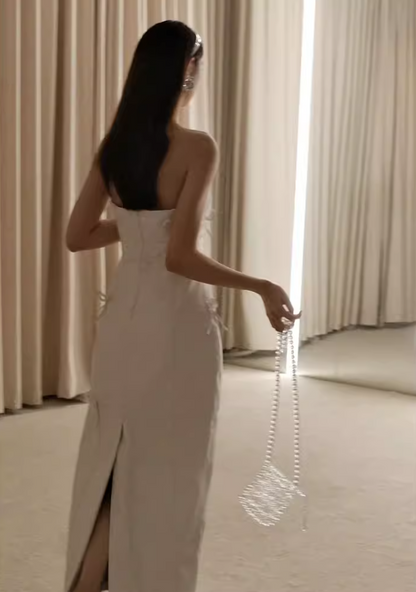Vogue Strapless Wedding Dress Bows Sheath Slit Bridal Dress AP6947