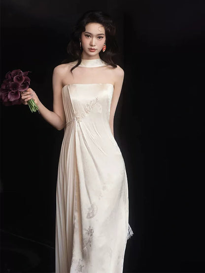 Modern Strapless Appliques Wedding Dress With Scarf Jacquard Sheath Bridal Dress AP6950