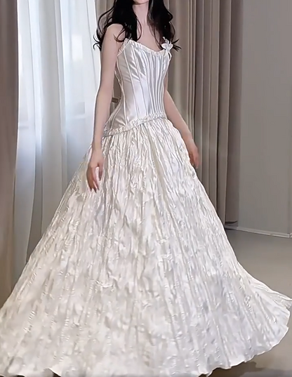 Glittering Strapless Satin Wedding Dress A-Line 3D Applique Bridal Dress AP6949