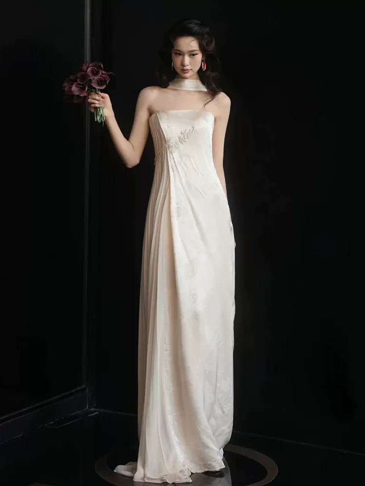 Modern Strapless Appliques Wedding Dress With Scarf Jacquard Sheath Bridal Dress AP6950