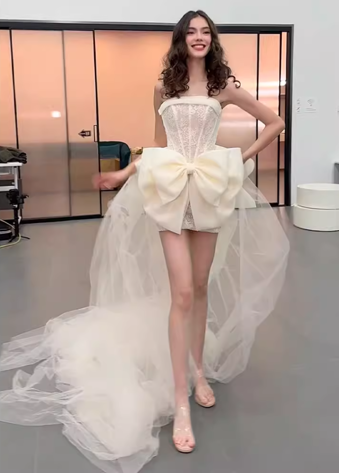 Princess Strapless Lace Homecoming Dress With Bow Train Sheath Birthday Outfit AP6951