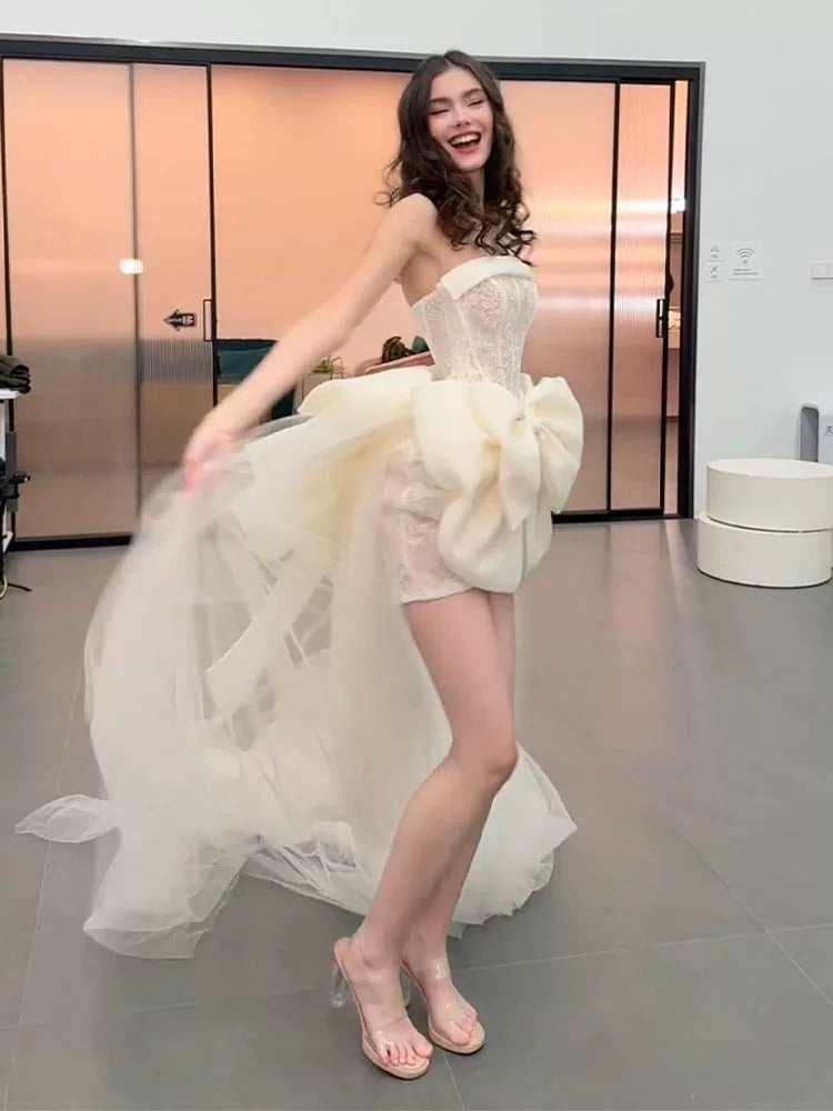 Princess Strapless Lace Homecoming Dress With Bow Train Sheath Birthday Outfit AP6951