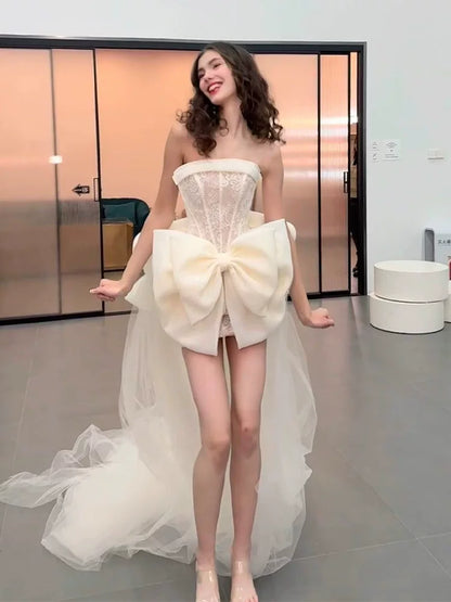 Princess Strapless Lace Homecoming Dress With Bow Train Sheath Birthday Outfit AP6951