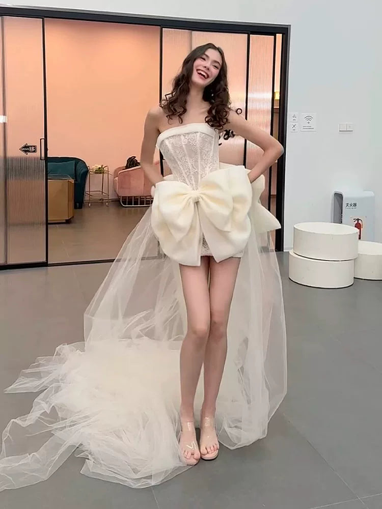 Princess Strapless Lace Homecoming Dress With Bow Train Sheath Birthday Outfit AP6951