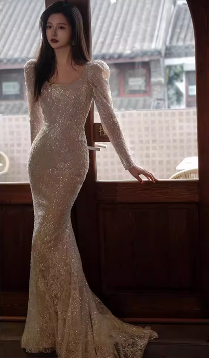 Bling Silver Sequins Square Neck Prom Dress Long Sleeve Lace Mermaid Formal Outfit AP6952