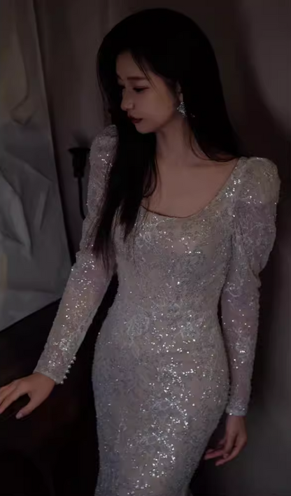 Bling Silver Sequins Square Neck Prom Dress Long Sleeve Lace Mermaid Formal Outfit AP6952