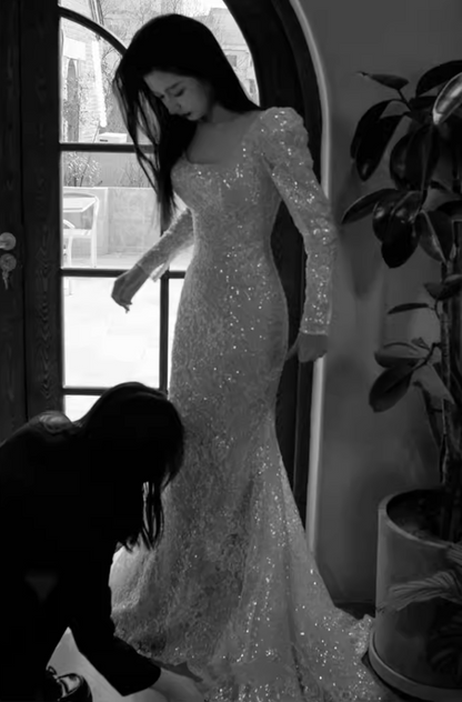 Bling Silver Sequins Square Neck Prom Dress Long Sleeve Lace Mermaid Formal Outfit AP6952