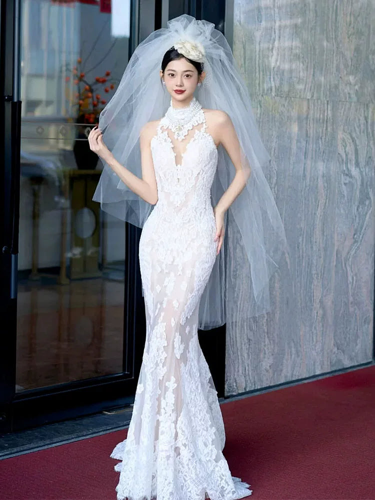 Pretty Halter Neck Wedding Dress With Veil Lace Mermaid Bridal Dresses AP6953
