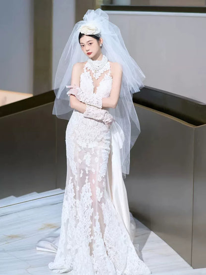 Pretty Halter Neck Wedding Dress With Veil Lace Mermaid Bridal Dresses AP6953