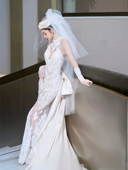 Pretty Halter Neck Wedding Dress With Veil Lace Mermaid Bridal Dresses AP6953