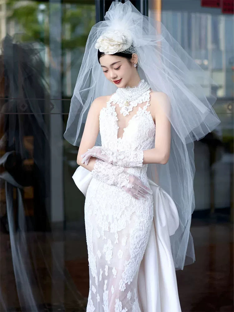 Pretty Halter Neck Wedding Dress With Veil Lace Mermaid Bridal Dresses AP6953