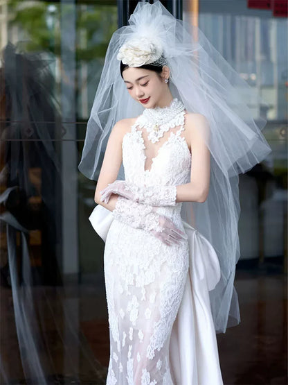 Pretty Halter Neck Wedding Dress With Veil Lace Mermaid Bridal Dresses AP6953