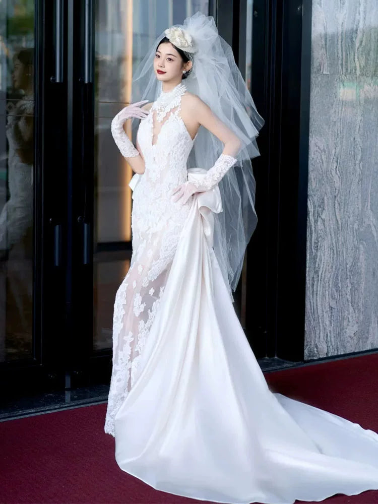 Pretty Halter Neck Wedding Dress With Veil Lace Mermaid Bridal Dresses AP6953