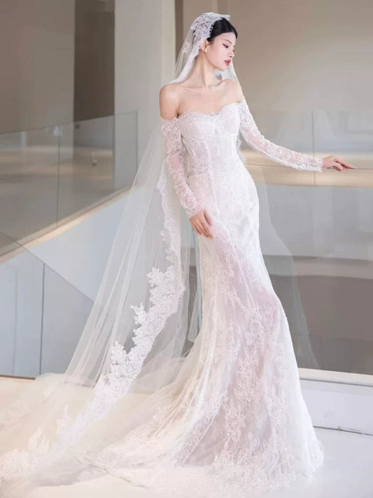 Fancy Off-Shoulder Long Sleeve Wedding Dress With Veil Lace Backless Mermaid Bridal Dress AP6954