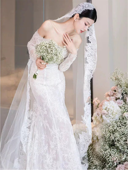 Fancy Off-Shoulder Long Sleeve Wedding Dress With Veil Lace Backless Mermaid Bridal Dress AP6954