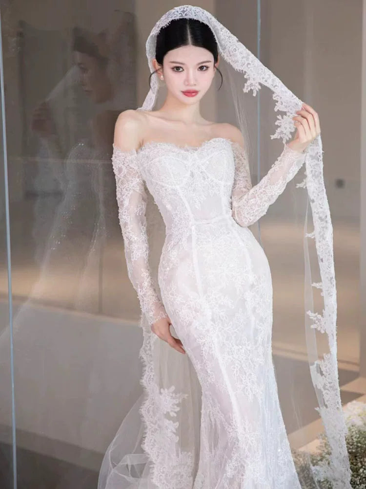 Fancy Off-Shoulder Long Sleeve Wedding Dress With Veil Lace Backless Mermaid Bridal Dress AP6954
