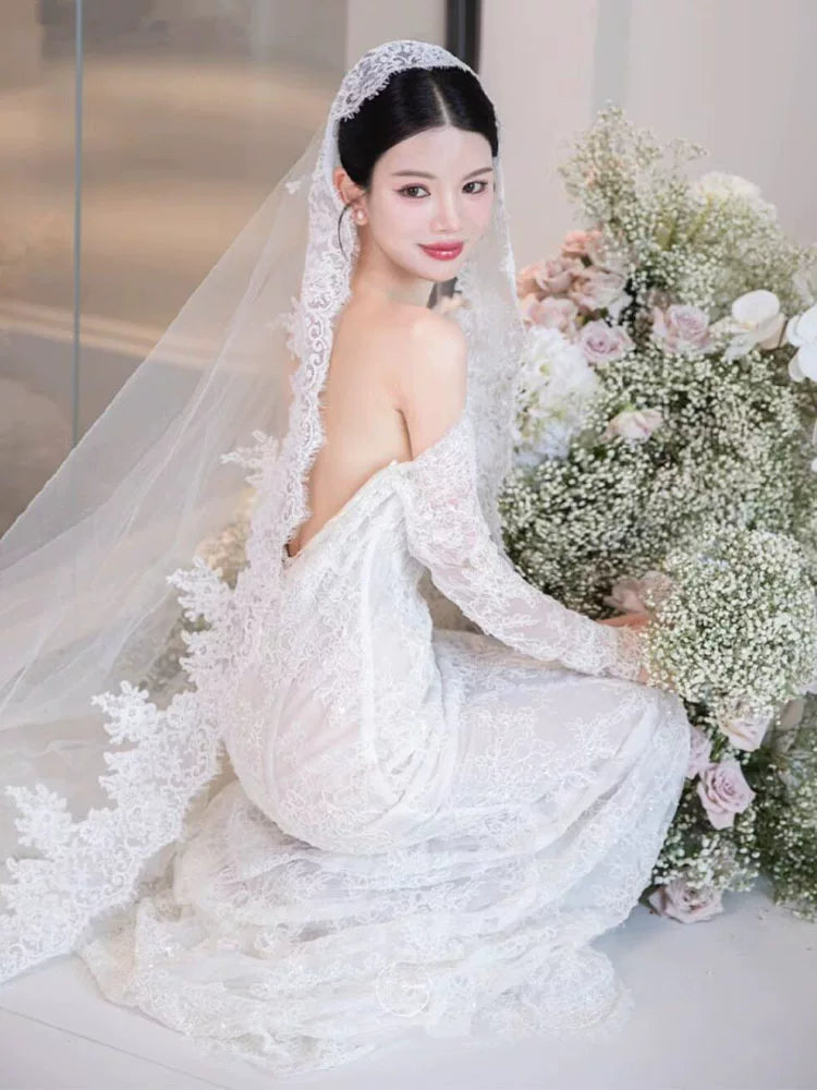 Fancy Off-Shoulder Long Sleeve Wedding Dress With Veil Lace Backless Mermaid Bridal Dress AP6954