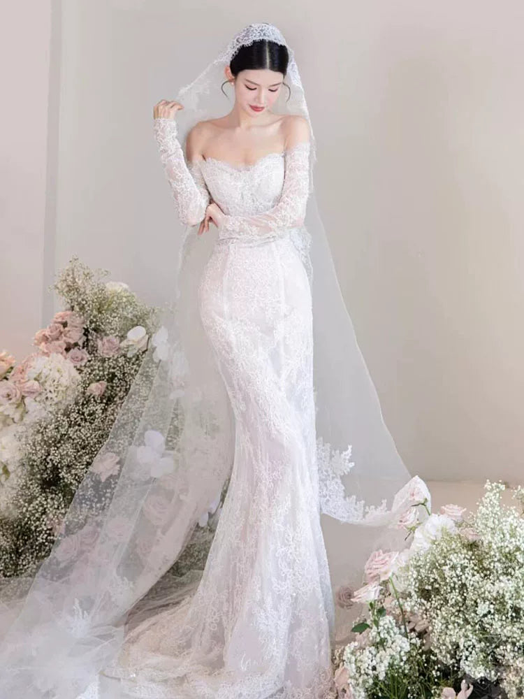 Fancy Off-Shoulder Long Sleeve Wedding Dress With Veil Lace Backless Mermaid Bridal Dress AP6954