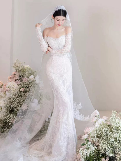 Fancy Off-Shoulder Long Sleeve Wedding Dress With Veil Lace Backless Mermaid Bridal Dress AP6954