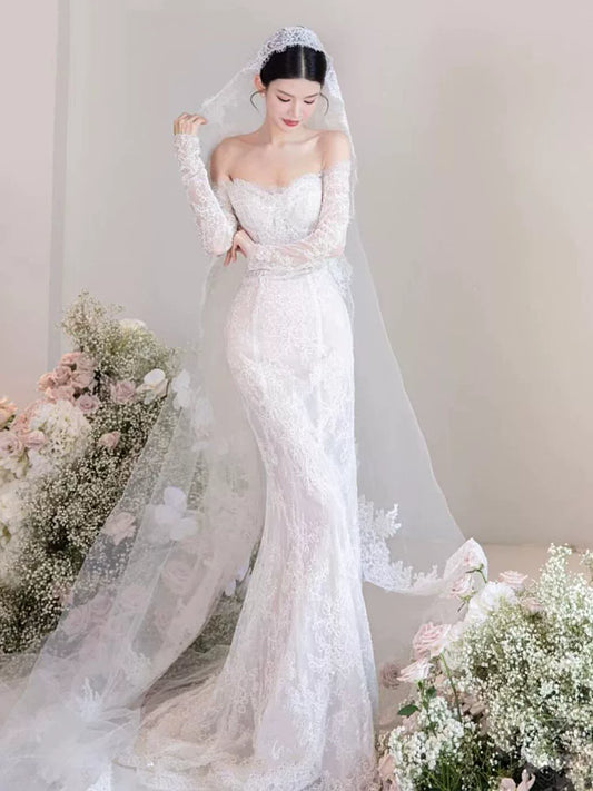 Fancy Off-Shoulder Long Sleeve Wedding Dress With Veil Lace Backless Mermaid Bridal Dress AP6954